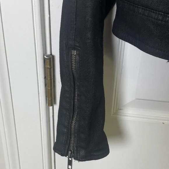 Free People Coated Denim Drape Front Moto Jacket Black Waterfall Collar XS 0 - Picture 12 of 14